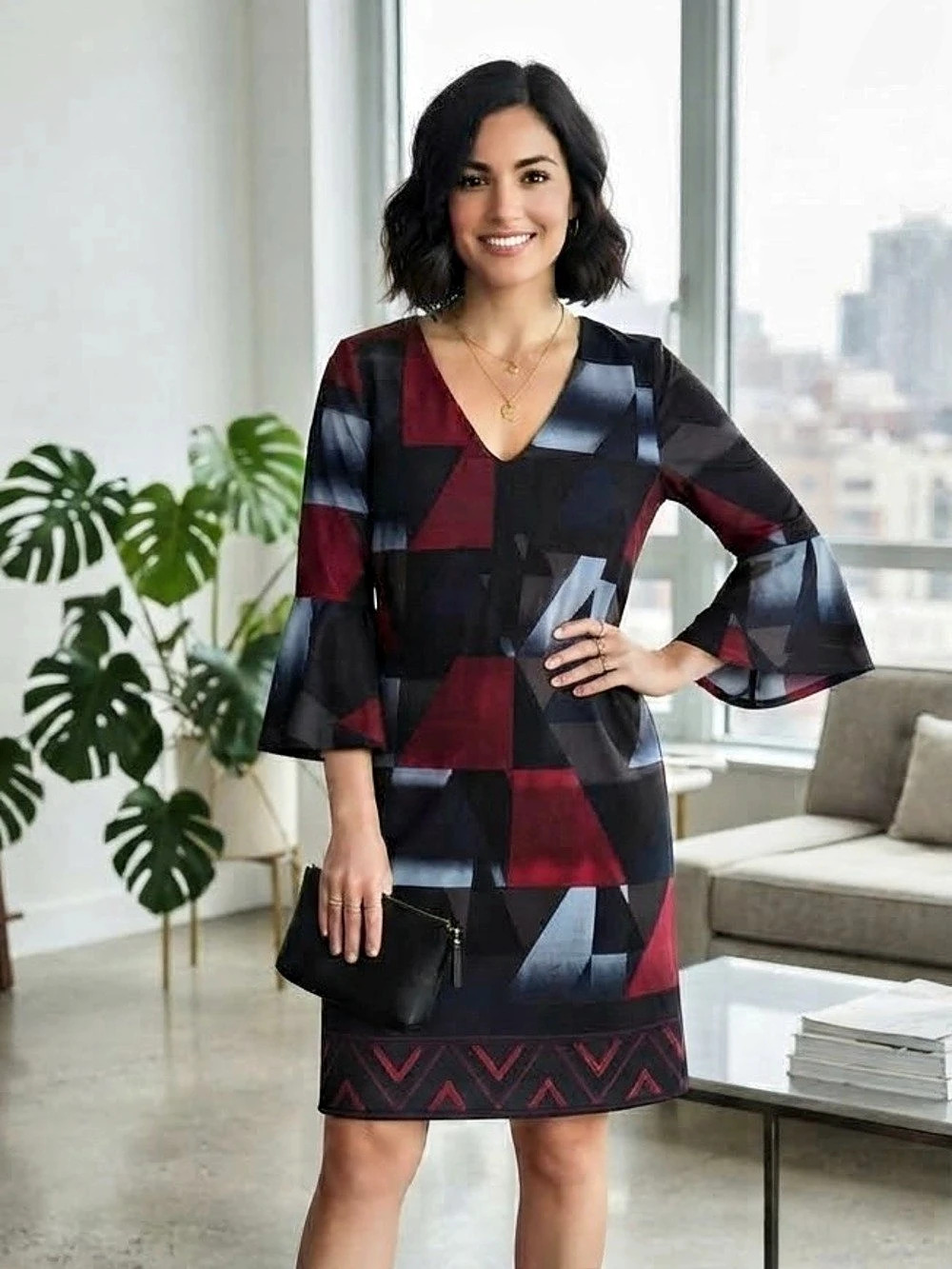 Le Château Geometric Print Bell Sleeve Shift Cocktail Party Office Chic Dress